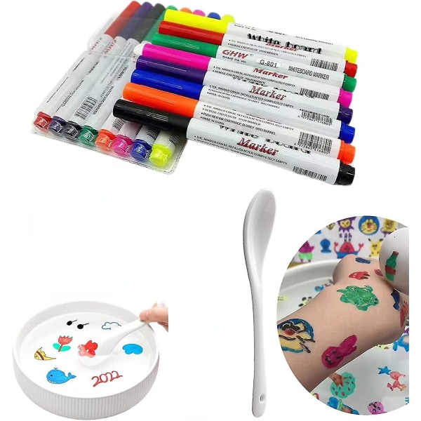 Magiske vandmaleri-penne til børn, magiske flydende blækpenne med ske, Tørslet whiteboard-markør (8 farver）