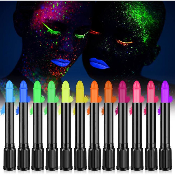 Uv-fluorescerande färg, 12 Uv-neonfärger för ansikts- och kroppsfärg, tvättbar, giftfri Uv-neonfärgstift, för festival, fastelavnsfärg, halloween, smink