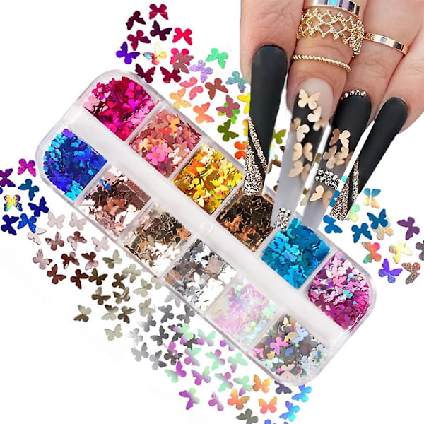 3d Holographic Butterfly Nail Art Glitter 12 Girds Sparkly Laser Butterfly Nail Sequin For Acrylic Nail Design, Chunky Paillettes Shining Flake Glitte