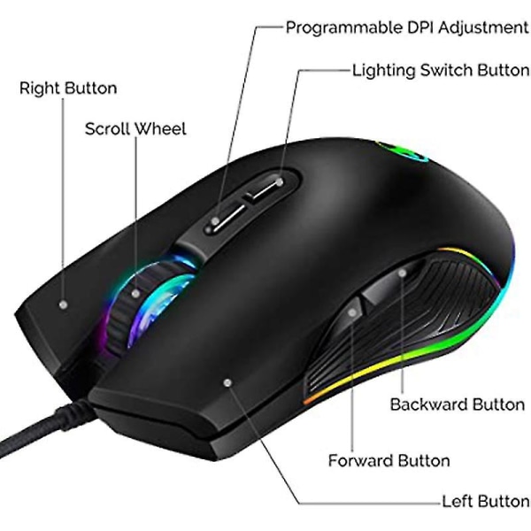 USB C mus Type C Ergonomisk kablet mus RGB optisk mus (svart)