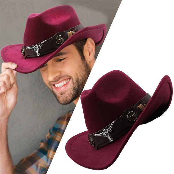 Western cowboyhatt med bred brätte tibetansk stil topphatt Cap Jazz Fedora hattar cap Etnisk hatt för kvinnor män（vinröd)