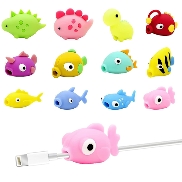 12 st Söta Kabelskydd USB Djur Laddare Skydd för Iphone Ipad Laddare Dinosaurie Fisk Kabel Bitfri 3 Silikon Flexibla Kabel Tråd Skydd