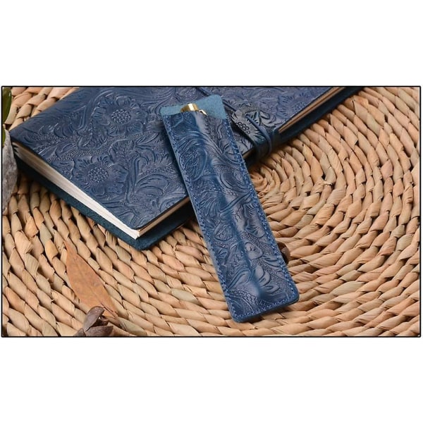 Vintage läder Fjäder Case Väskhållare Unikt case Snidad pennfodral Cover Cover (blå)