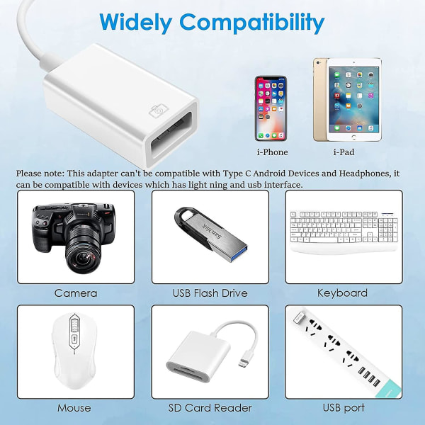 Vit blixt till USB kameraadapter kompatibel med I-phone, i-pad, USB datasynkroniseringskabel för kamera, tangentbord, mus, kortläsare, USB minne, U