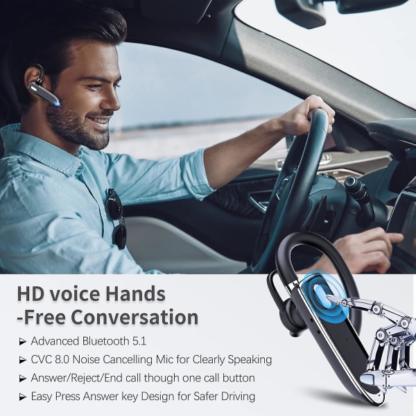 Bluetooth enkelt trådløst hodesett håndfri øretelefon for telefon, V5.2 øretelefon med mikrofon, usb-c-lading, vanntette øretelefoner for kjøring/b