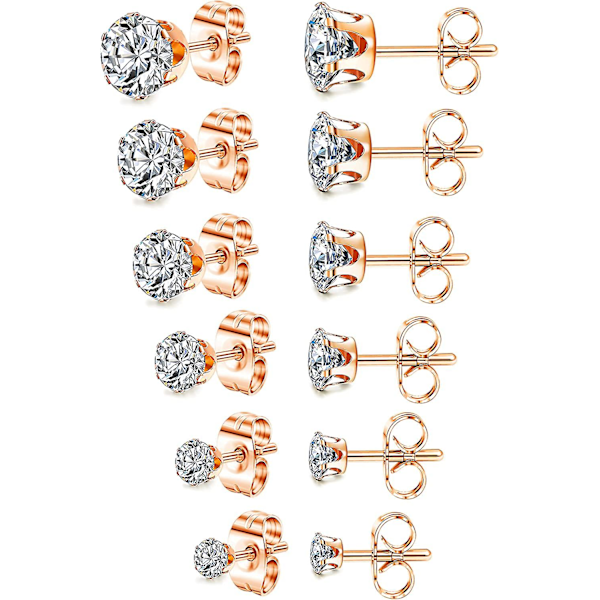 Jewelry Women's Stainless Steel Round Clear Cubic Zirconia Stud Earring (6 Pairs)