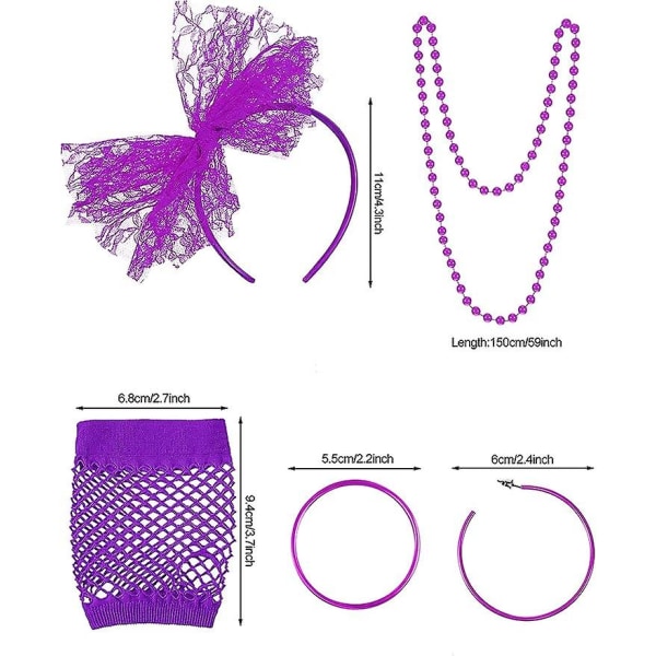 80-luvun asusteet naisille puku pitsi päänauha korvakorut verkkokäsineet kaulakoru rannekoru 80-luvun juhliin (violetti)