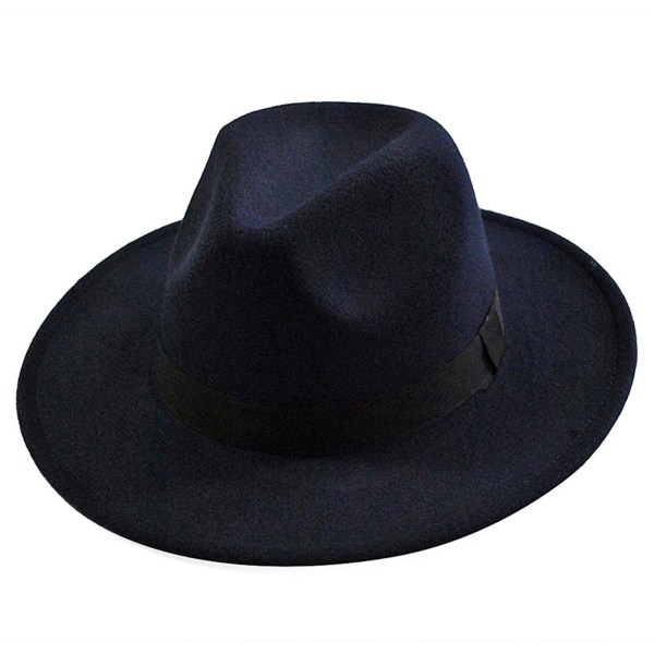Jazzhatt for kvinner med bred skygge, varm imitert ull Fedora-hatt i retrostil belte Panamahatt Ny (marineblå)