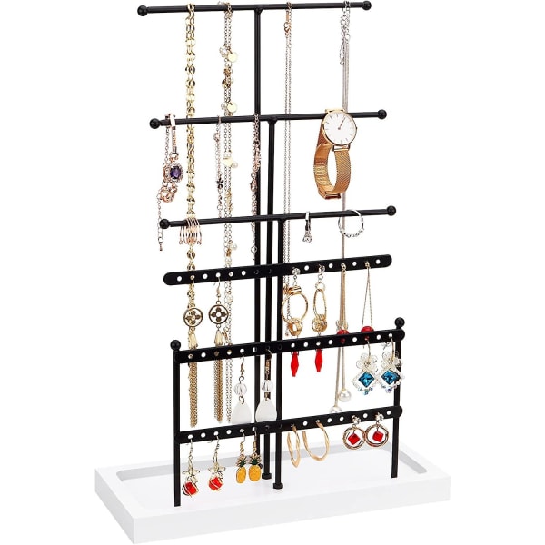 6-vånings smyckesställ med träbrickor, smyckeshållare, höjdjusterbar smyckeskrinhållare för halsband, armband, örhängen, svart