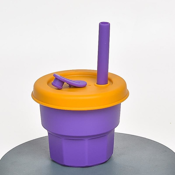 Barn silikonhalmkoppar Drop- och högtemperaturbeständiga vattenkoppar Lila kopp + cover(300 ml)