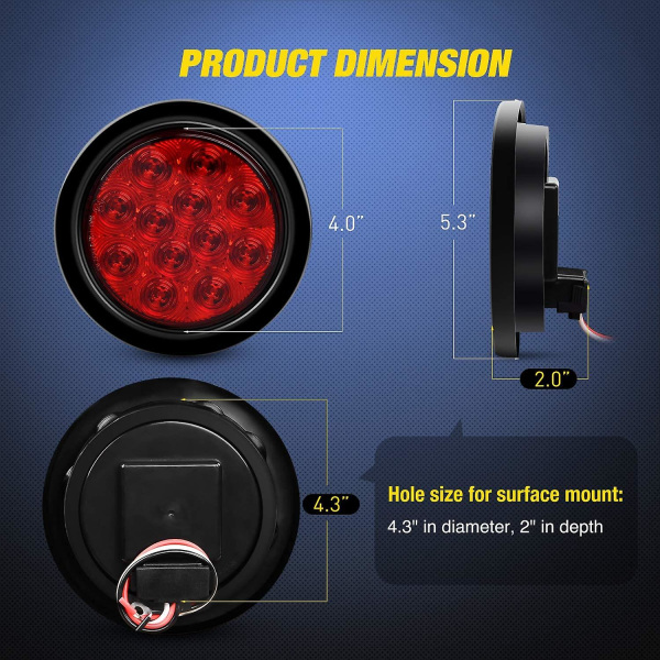 4st 4" Runda röda LED-baklyktor för släp med ytmonterade Grommets pluggar Ip67 Stop Broms Sväng Bakljus för lastbil Trailer Rv Jeep