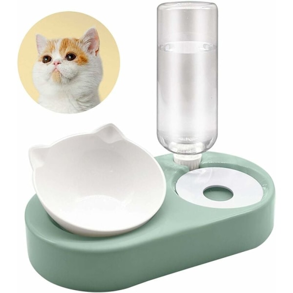 Upphöjd och lutande kattskål för kräkningar, mat och vatten för katter, automatisk vattendispenser, matskål + 500 ml flaska Macaron Green HJHY