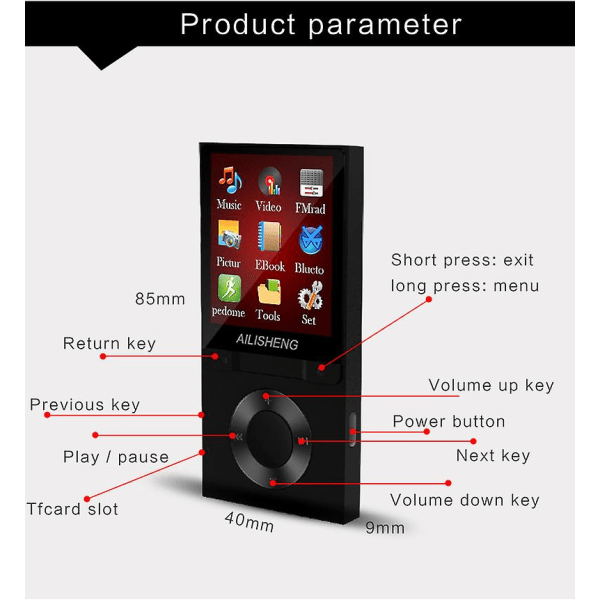 Bluetooth 4.0 Mp3 / Mp4-spelare med 8gb minneskort, 1,8 tums LCD-skärm, video/röstinspelning/fm-radio, e-boksläsare svart