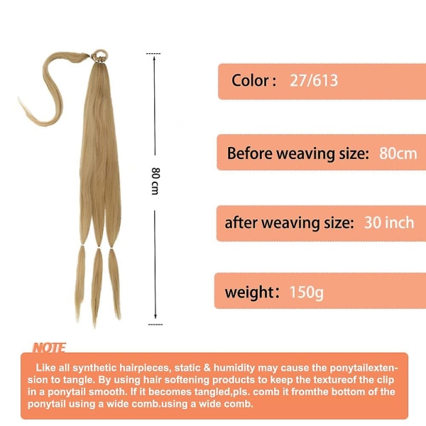 80 cm flettet hestehale, lang flettet hestehale forlængelse, lige rundt om hårforlængelse Hestehale Naturligt blødt syntetisk hårstykke til kvinder piger (blond)