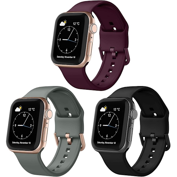 3 Pack Compatible With Apple Watch Bands 41mm 40mm 38mm, Soft Silicone Sport Wristbands Replacement Strap With Classic Clasp For Iwatch Series Se 7 6