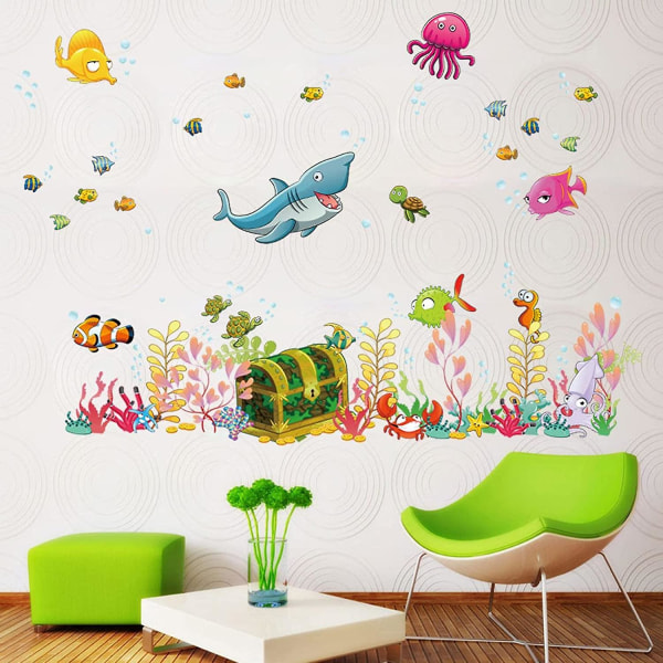 Underbara Sea World Färgglada fiskdjur Vinylväggkonstdekaler Badrumsinredning Dekoration Väggdekaler för barnrum för barnrum - -