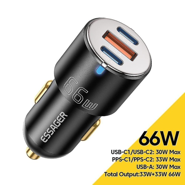 Essager F689 66W Dual Usb C+Usb A 3 Ports Biloplader Telefon Opladningsadapter