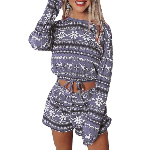 Christmas Kvinner Xmas Printed Pyjamas Set Cropped Tops Shorts Outfit (L, Grey)