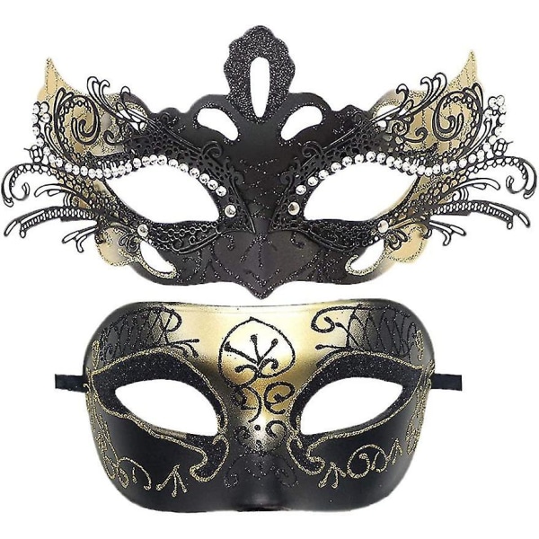 2 stk, maskerademasker til par, metal venetiansk fastelavn til festaftenbal kostumemaske (guld)