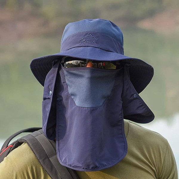 Fiskehatt för män & kvinnor, utomhus Uv-solskydd Bred brättad hatt med cover & halsklaff1st-mörkblå