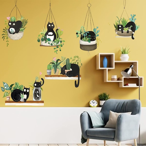 Gröna krukväxter Kaktus väggdekor Söt svart katt klistermärken, självhäftande väggdekor tropiska växter väggmålningar, natur blommor väggdekor Tapetdekoration