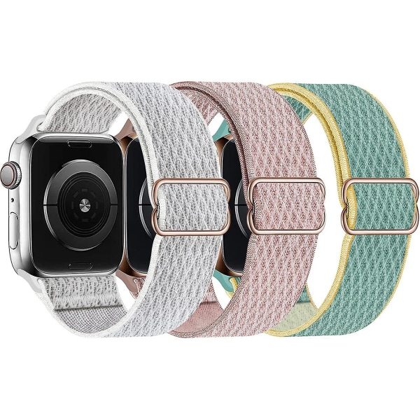 Stretchiga nylon solo-band som är kompatibla med Apple Watch 42mm/44mm/45mm, rem för Iwatch Series 7/6/5/4/3/2/1 Se, 3-pack F 42 Sunshine/rosa Rosa/su