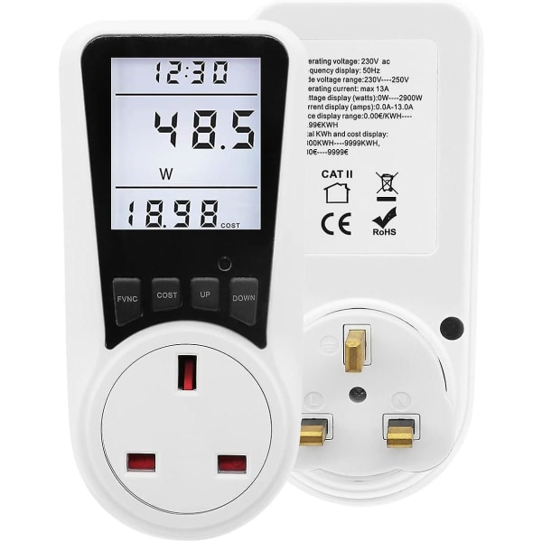 Övervakare för elförbrukning Plug-in Spänning Ampere Wattmätare Elektrisk power med LCD-skärm 7 visningslägen och överbelastningsskydd för hemmet E
