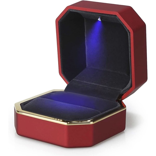 Lyxig fyrkantig sammetsringlåda med ledljus för äktenskapsförslag, förlovning, bröllop, rött