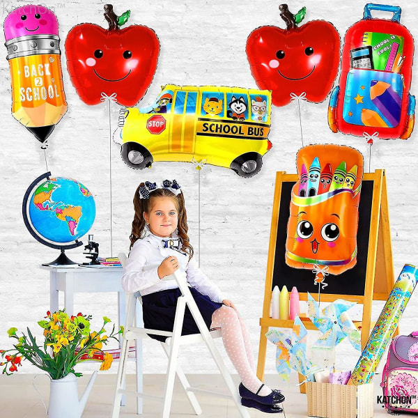 Stort, tilbake til skolen folieballongsett - pakke med 6 | Første skoledag dekorasjoner med skolebussballong, epleballonger | Skolebuss dekorasjoner |
