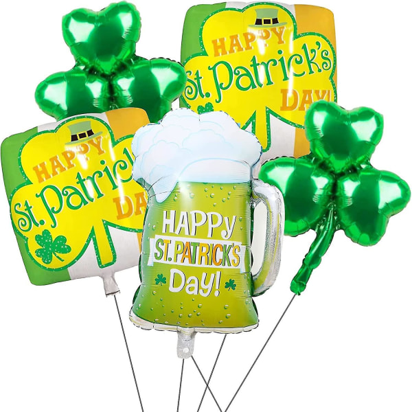 St Ppatricks Day Dekorationer, 5 Stk St Patricks Day Balloner, 5 Lucky Shamrock Clover ølglas Folieballoner Sæt til Happy St Patricks Day Celebrati