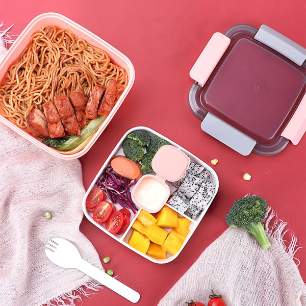 (rosa) Bento Lunchbox för vuxna och barn med 3 fack, dressingbricka, 1100 ml läcksäker salladsskål, sked ingår, lösenord