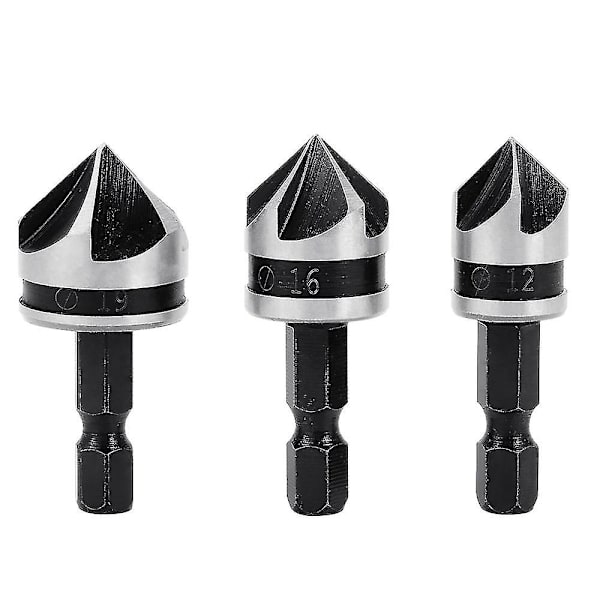 3pcs 1/4 Inch Hex Hcs Chamfer Cutter 5 Flute Drill Bit Chamfer Bits Countersink Sink Countersink 12mm/16mm/19mm For Wood Metal