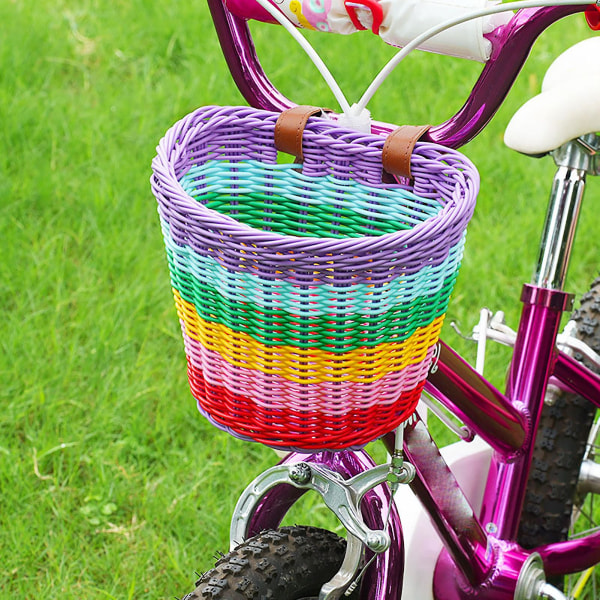 Sykkelkurv til barn foran håndvevd, håndvevd regnbuefarge sykkelkurv, egnet for de fleste typer sykler (små)