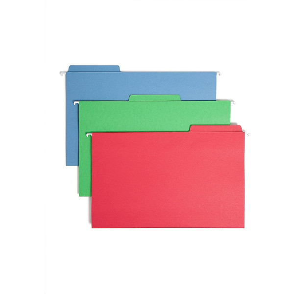 Fastab Hanging File Folder, 1/3-cut Built-in Tab, Legal Size, Assorted Primary Colors, 18 Per Box (64153)
