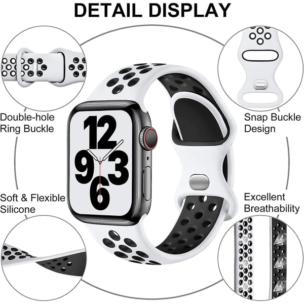 Vit/svart 2st Sportrem Kompatibel med Apple Watch rem 38/40/41mm, Andas Silikon Spänne med dubbelt hål, För Iwatch Series 7 6 5 4 3 S