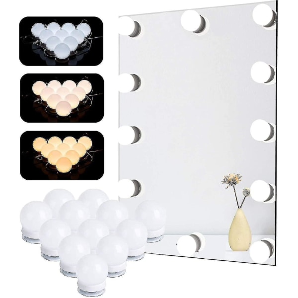 Speillys, 12 pærer Hollywood LED-lyssett Dimbar kosmetisk speillampe for bad 3 farger 10 lysstyrkenivåer med adapter (speil ikke inkludert