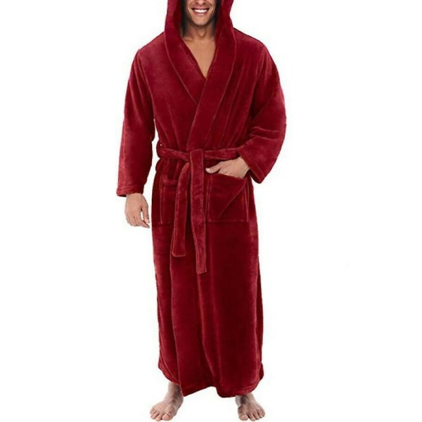 Mjuk enfärgad män korallfleecefickor Långa badrockar hemkläder sovkläder Red M