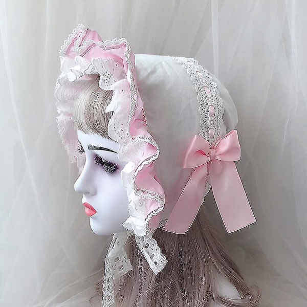 Medeltida Vintage Maid Cosplay Pumpa Cap Snörning Justerbar hatt Kvinnor Flickor Lolita Spets Bonnet Rufsig hatt（rosa brätte)