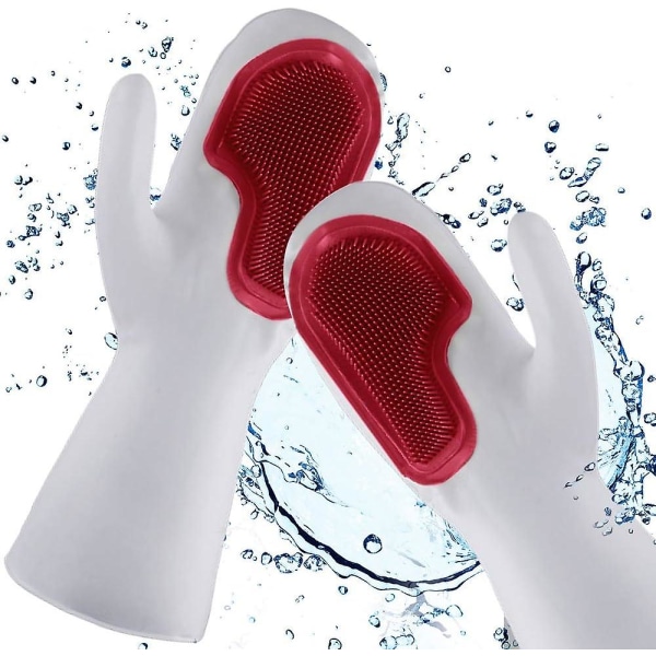 Handskar med skrubber, diskhandskar, återanvändbara rengöringshandskar med rengöringsborste, handskydd och värmebeständig, för köksbadrum (röd)