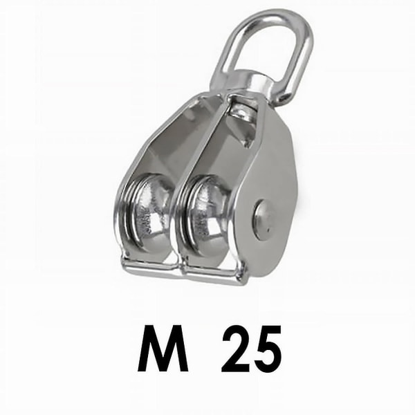 Enkel remskive M15 stålhjulblokk Heavy Duty trinserullelastning 304 rustfritt sølv (dobbel remskive M25)