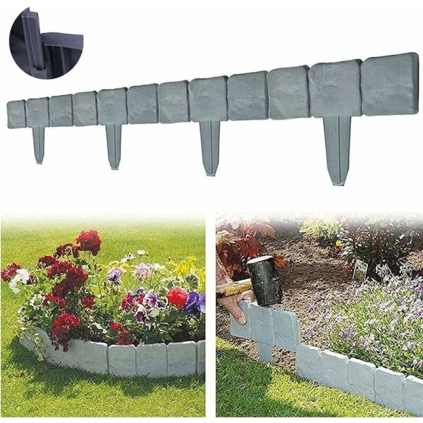 Gräsmatta i stenlook - flexibelt trädgårdsstaket i plast - klippkant - trädgårdspalisad - perfekt som dekorativt palissadstaket (10 st/2,5 m)