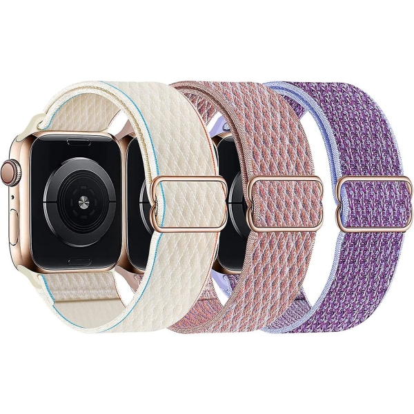 Stretchiga nylon solo-band som är kompatibla med Apple Watch 45 mm 41 mm 44 mm 40 mm 42 mm 38 mm, rem för Iwatch Series 7/6/5/4/3/2/1 Se, 3-pack G 38 lila