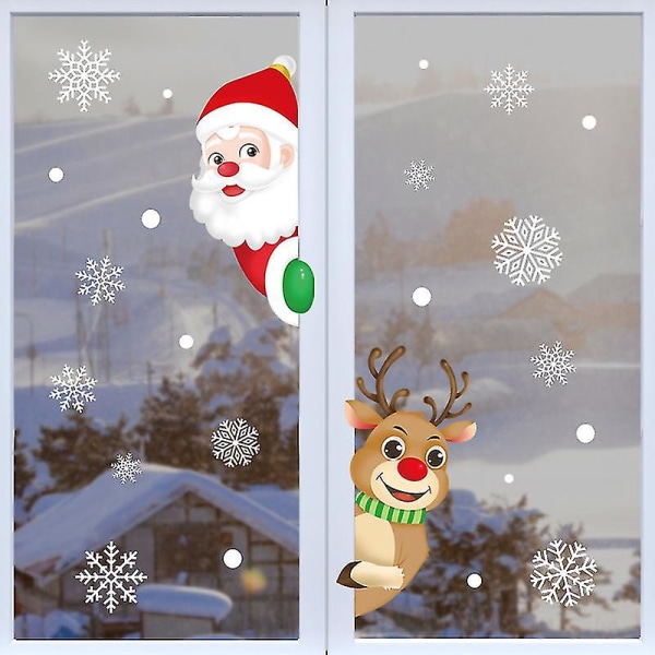 2 kpl jouluikkunatarroja, kurkistava joulupukki ja rudolph-ikkuna kiinnittyvät lumihiutaletarra jouluikkunan koristeluun (1)