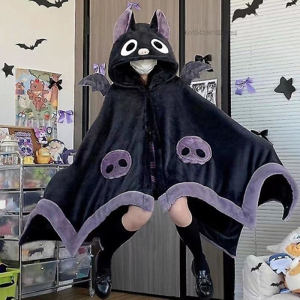 Kawaii Cartoon Bat Y2k Plysch Pyjamas Anime Kappa Sovkläder Kostym Halloween Kappa För Vuxna Vinter Pyjamas Dam Filt Cape