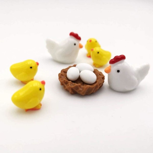 Mini djurfigur, kycklingar, ägg, hönshus, 10 delar trädgård, hönsprydnad, 2,5 x 2 cm, 1,6 x 1,4 cm, vit och brun