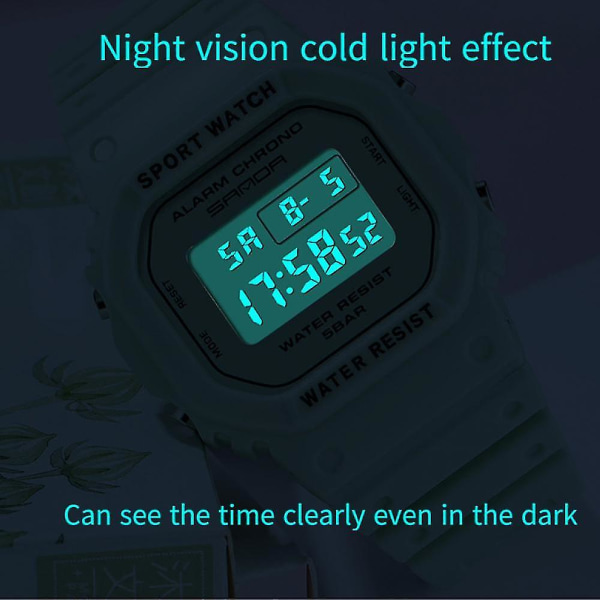 Fyrkantig multifunktionell elektronisk watch, watch 30 m vattentät med lysande vit harts remsvart urtavla