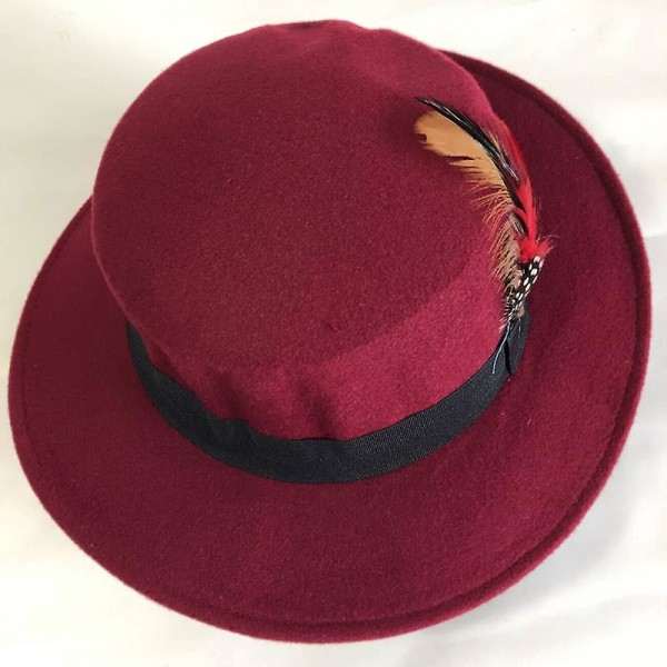 Forår Efterår Vinter Kvinder Kasket Flad Hat Fjer Top Hat Britisk stil Mode Fedora Faux Wool Ny (Jujube Red)