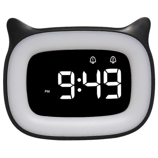 Børnevækkeur med natlys, trinløs dæmpning, søde katteører digitalt ur til drenge og piger (sort)
