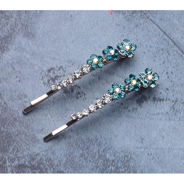 2 stk Rhinestone Bobby Pins med liten blomst Krystall Metall Fargerike Hårnåler for kvinner jenter fester (blå)