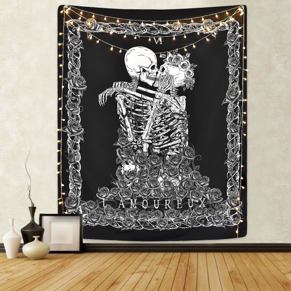 Skull Tapestry The Kissing Lovers Tapestry Svart Tarot Tapestry Mänskligt skelett Tapestry för rummet (51,2 X 59,1 tum)